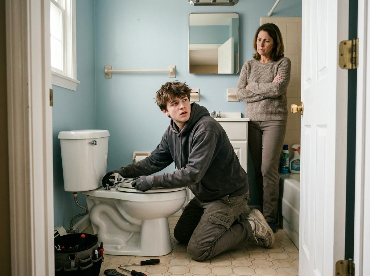 Young apprentice working on a toilet while the homeowner watches skeptically