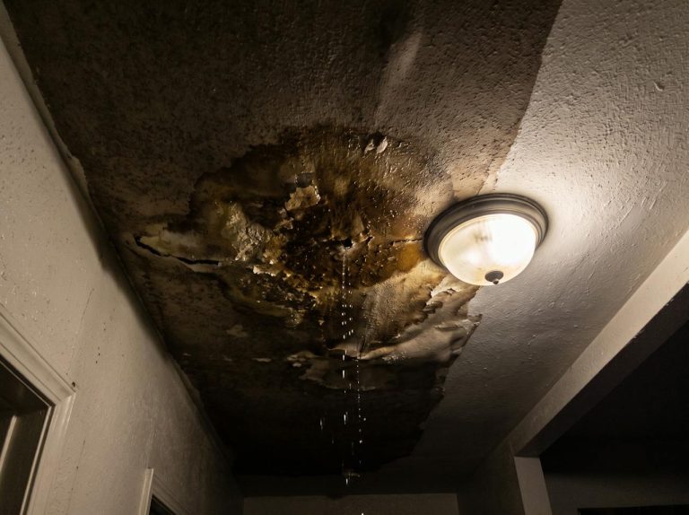 Sagging ceiling with a brown water stain and water dripping down