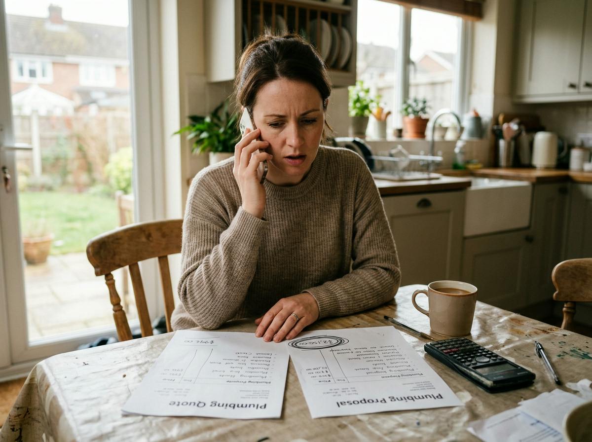 Homeowner on the phone comparing two plumbing quotes at the kitchen table
