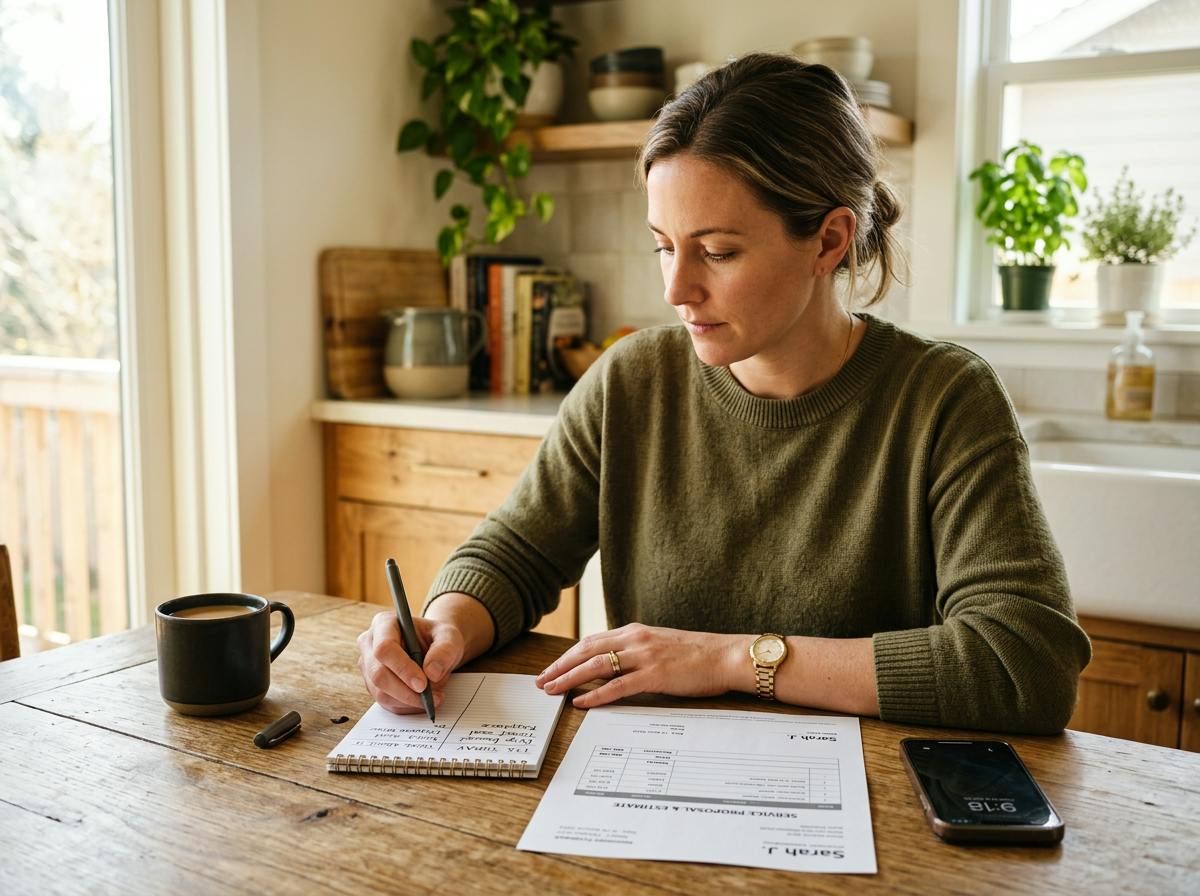 Homeowner writing a fix today and think about it list next to a plumbing quote
