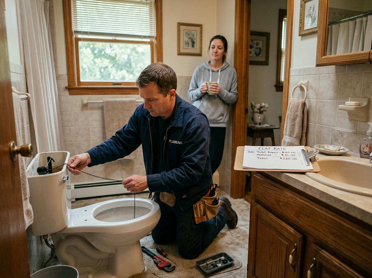 Plumber calmly fixing a toilet tank flapper chain with a flat rate price sheet on the vanity