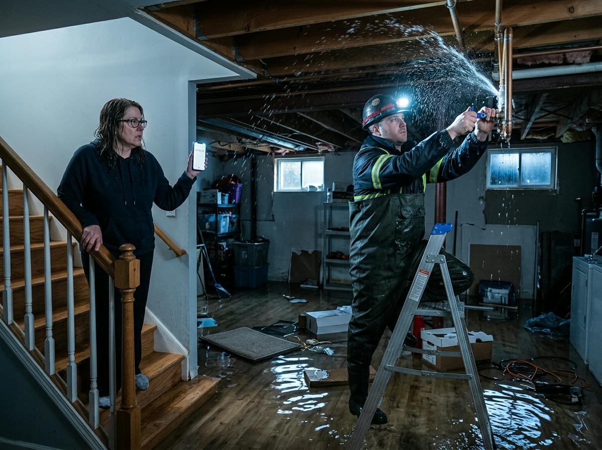 Plumber shutting a valve in a flooded Long Island basement while the homeowner watches the clock