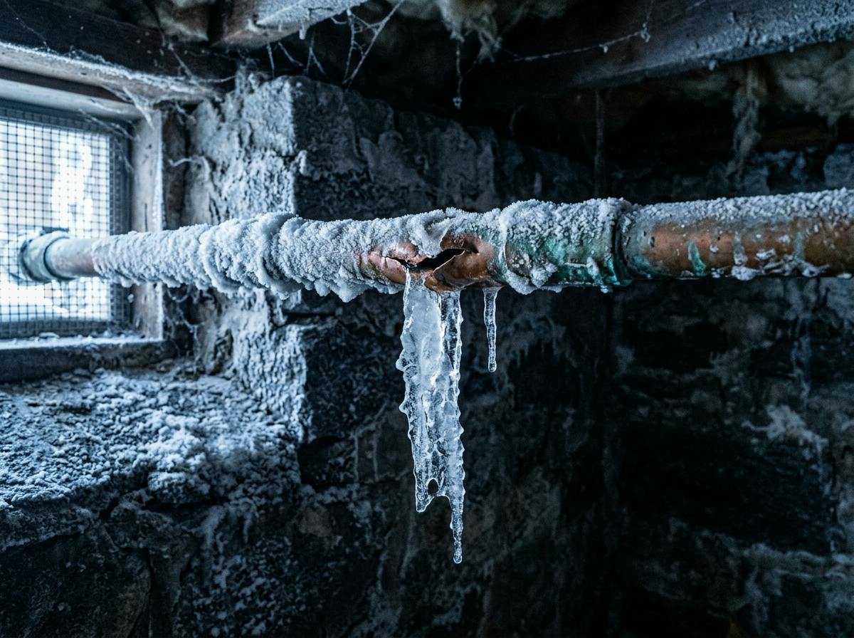 Frosted copper pipe with a split and an icicle in a cold crawlspace