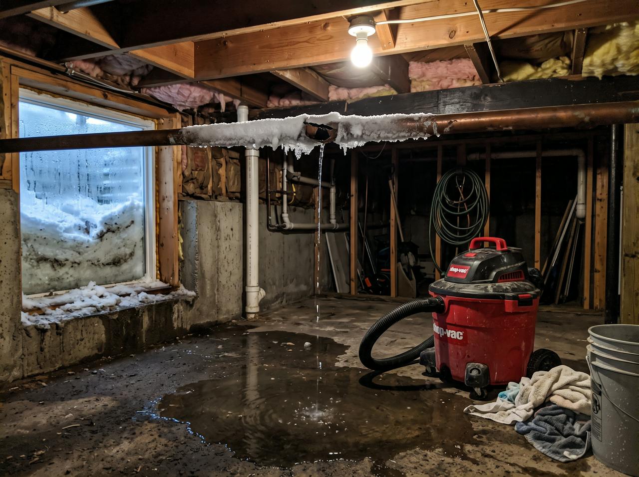 Frozen burst pipe leaking onto a basement floor with a wet vac nearby and snow outside the window