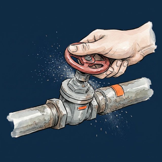 A hand turning off a main water valve