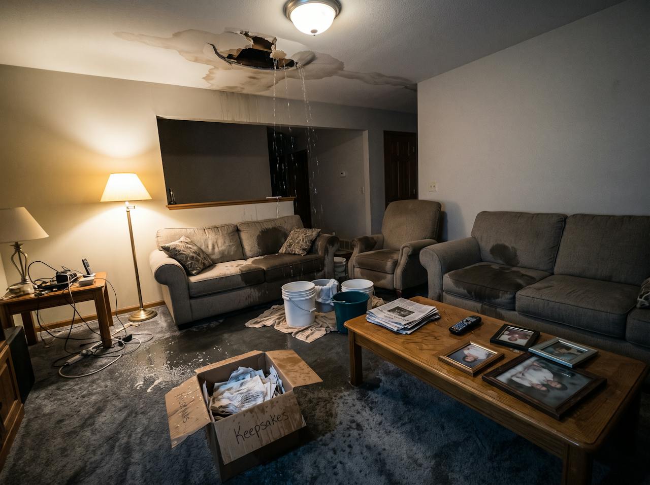 Living room flooded at night with water pouring through a broken ceiling from an overflowing toilet upstairs