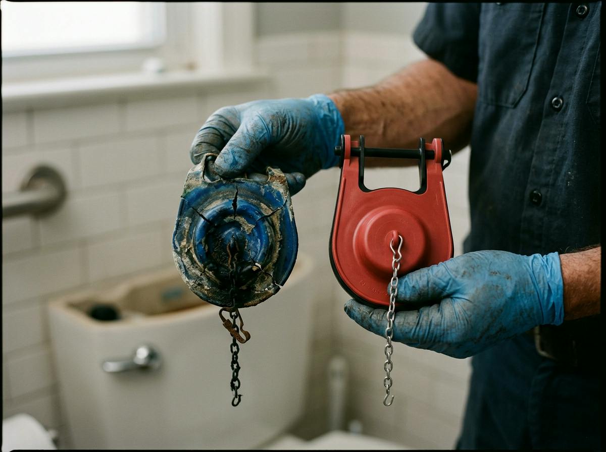 Old warped toilet flapper damaged by tank tablets next to a new one