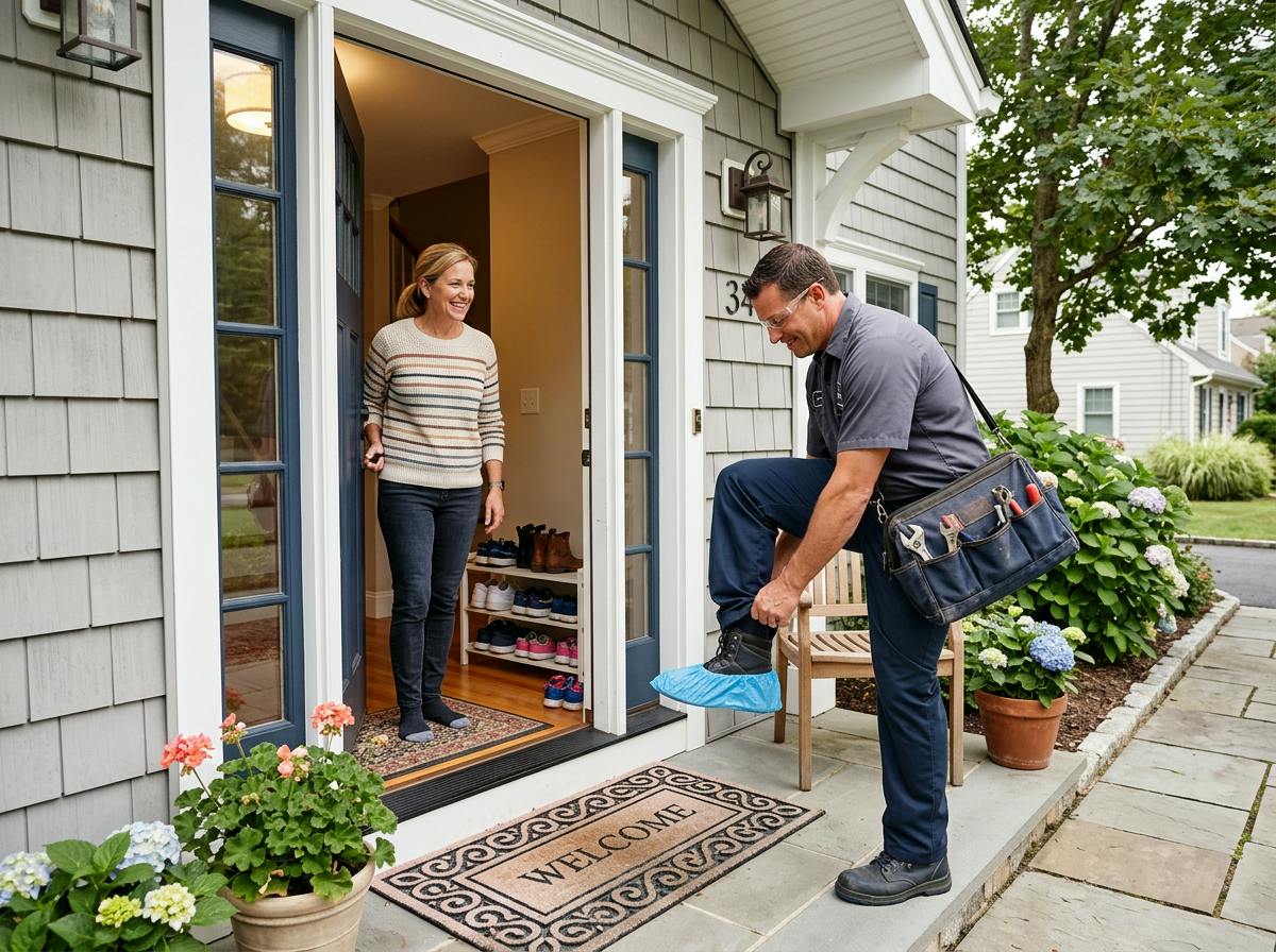 Plumber pulling shoe covers over his boots at a Long Island front door