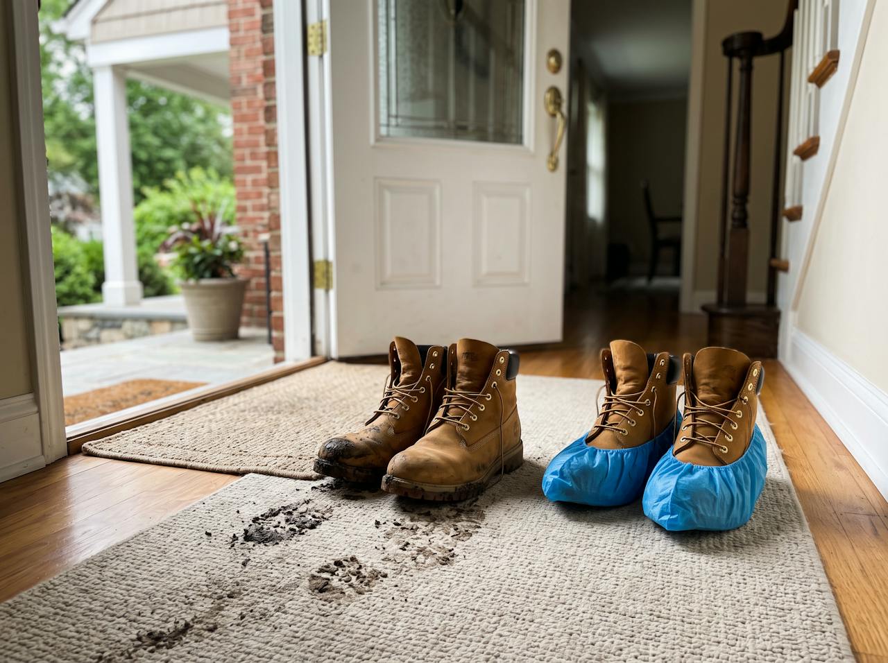Muddy work boots next to boots wearing blue shoe covers on a front door rug