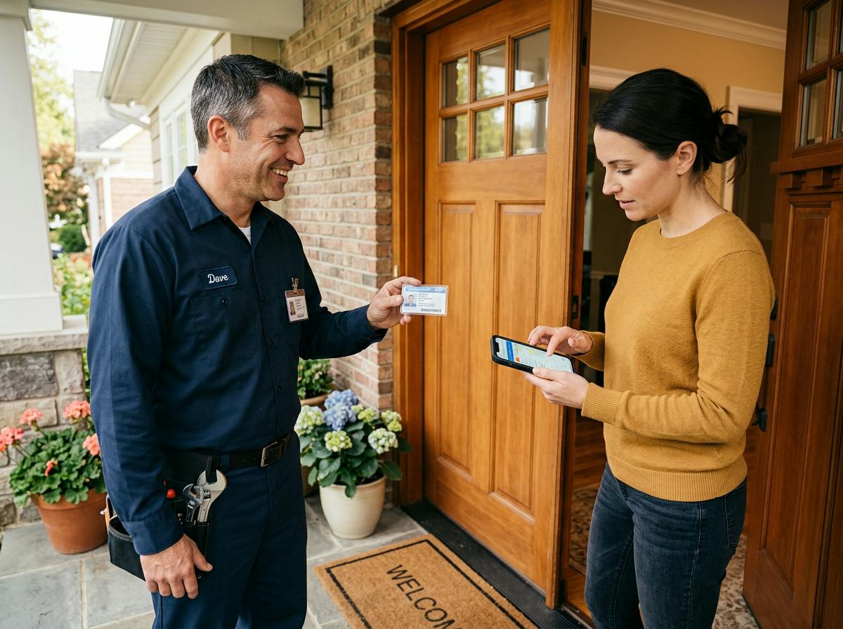 Plumber showing his license card to a homeowner at the front door