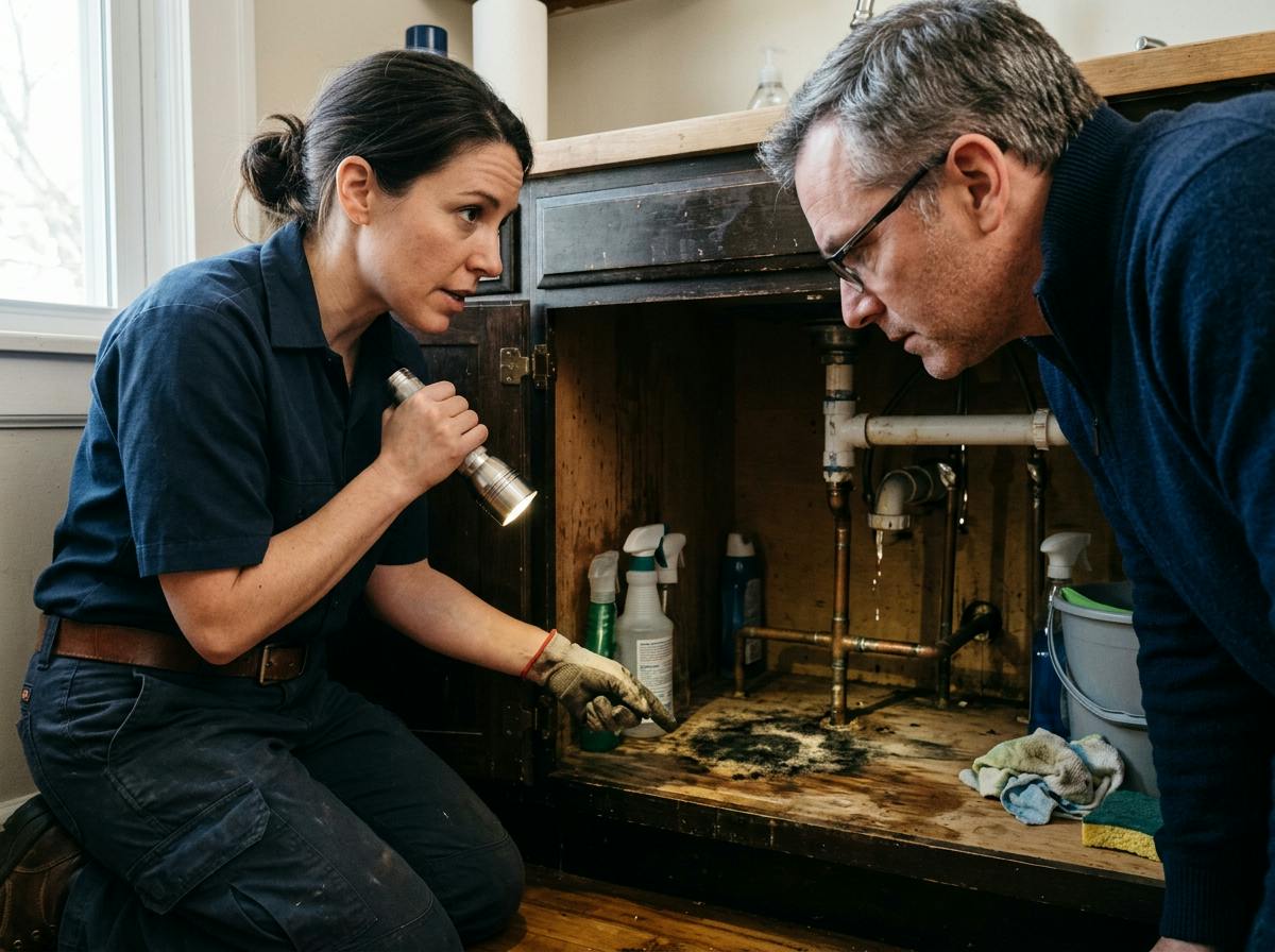Plumber using a flashlight to show a homeowner mold under a leaking sink