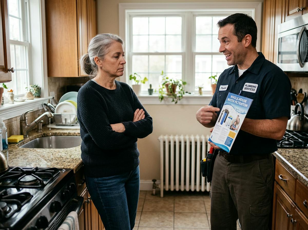 Plumber pitching a water filtration brochure to an unimpressed homeowner who called about a leaky faucet