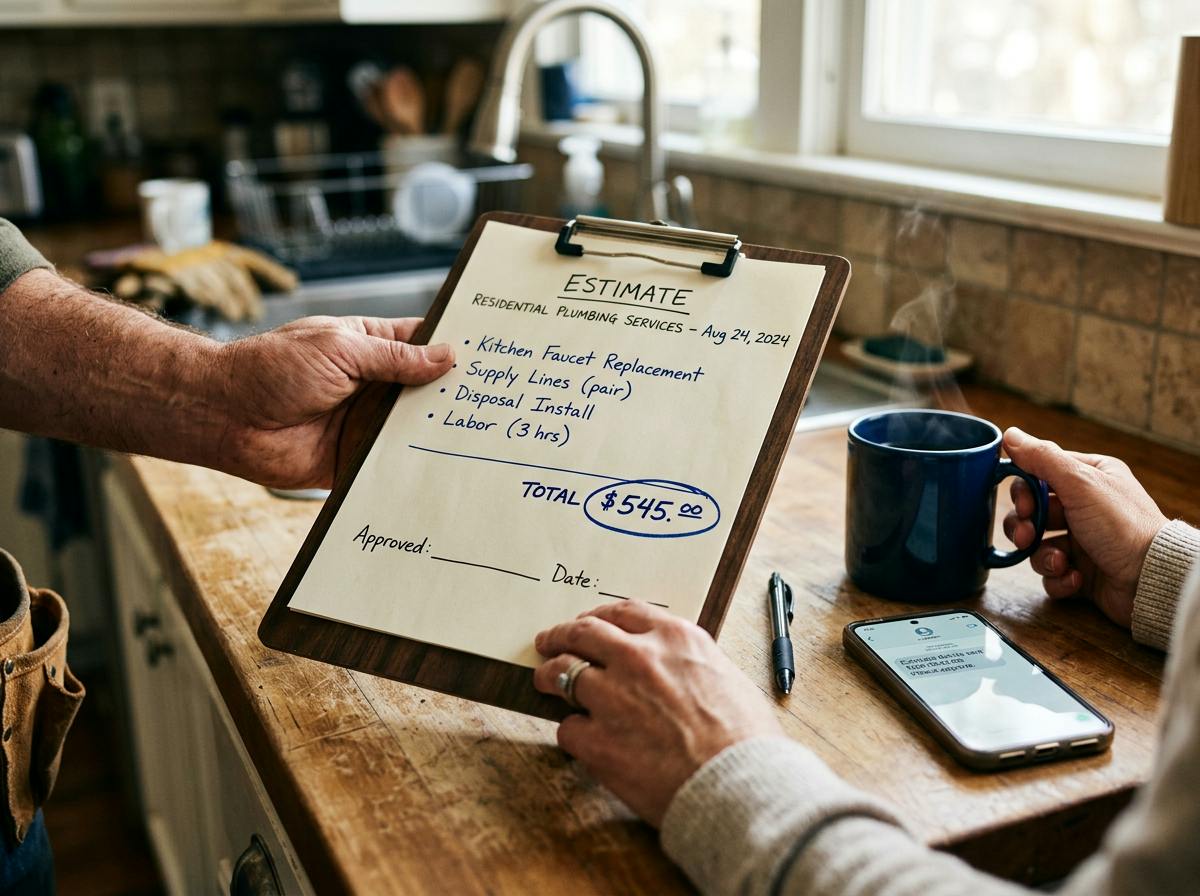 Homeowner and plumber holding a written plumbing estimate with the total circled