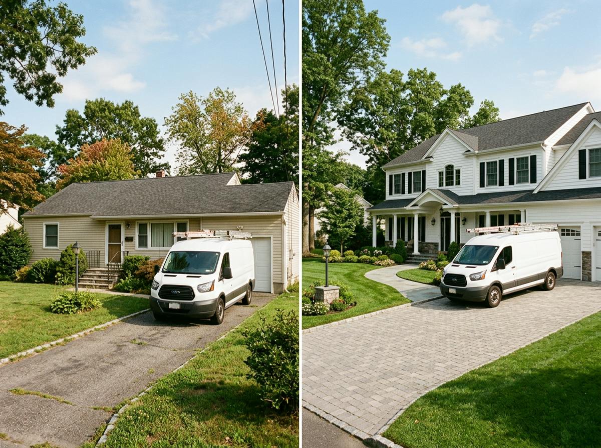 Same plumber van parked at a small ranch house and a big colonial house