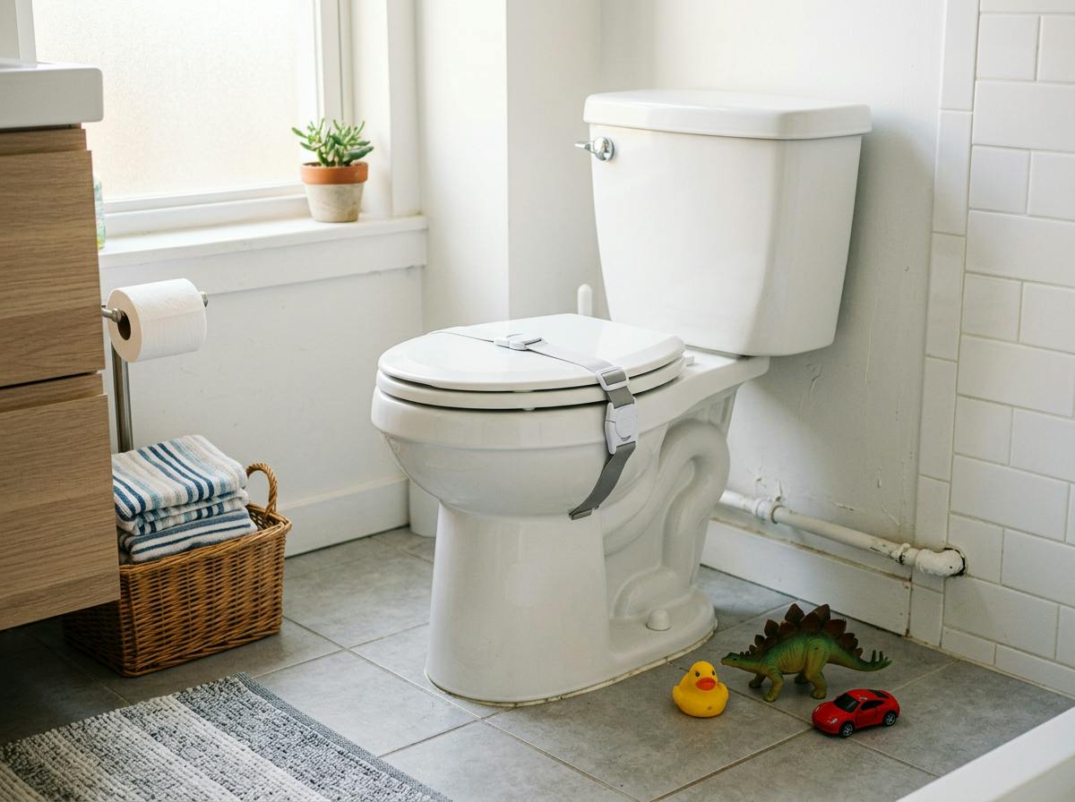 Toilet with a child lock and toys on the bathroom floor
