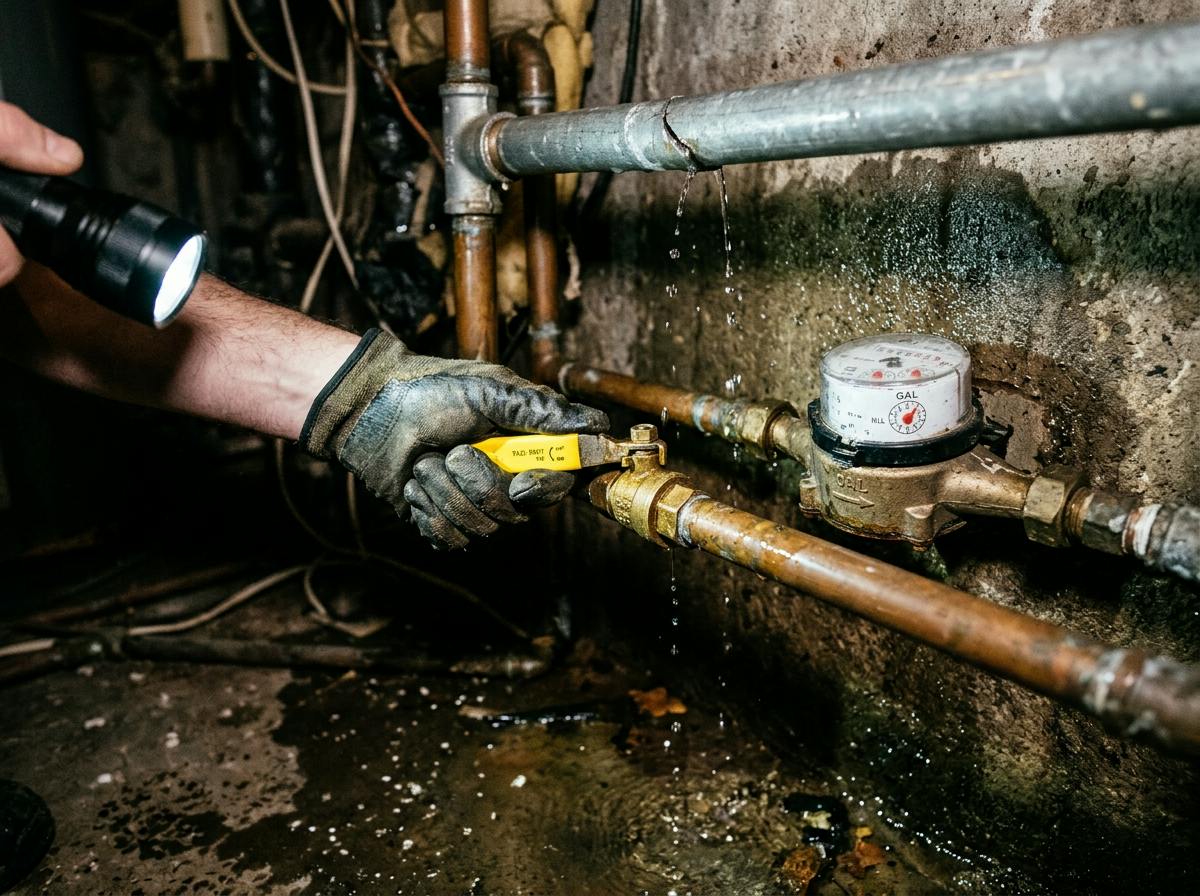 Hand turning the main water shutoff valve in a basement
