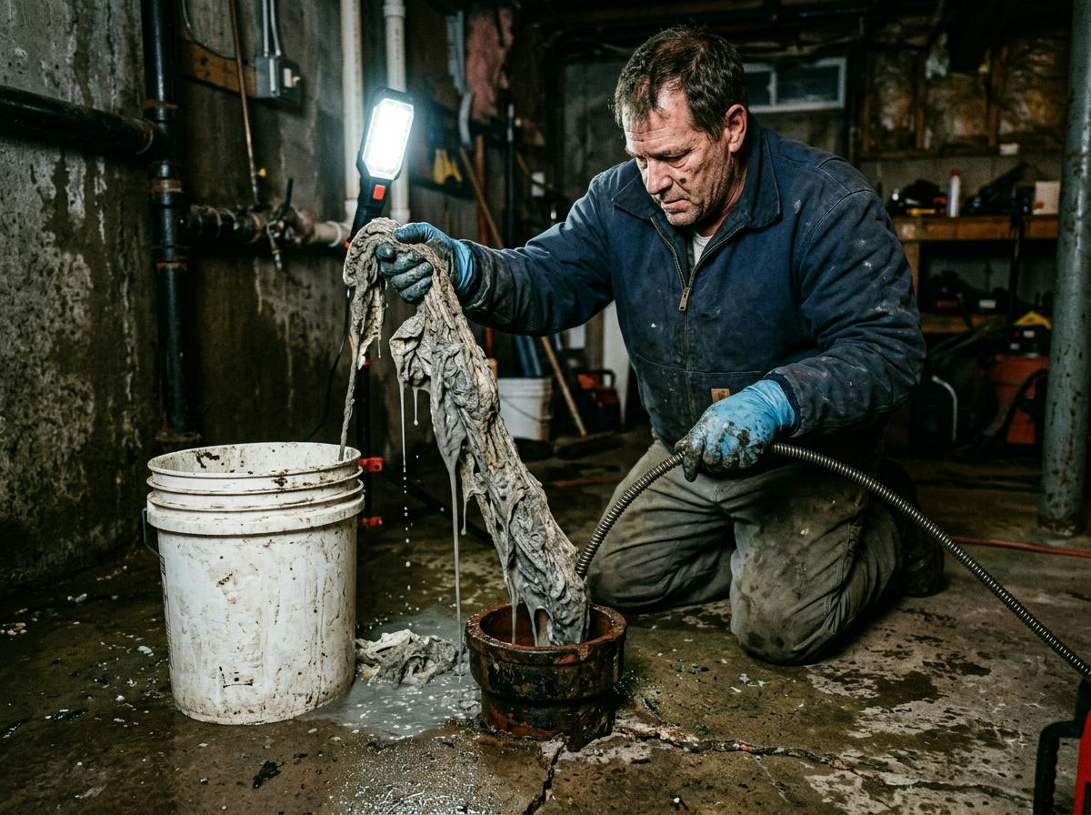 Plumber pulling a rope of wet wipes out of a sewer cleanout