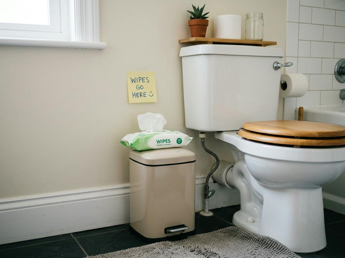 Trash can next to a toilet with a note that says wipes go here